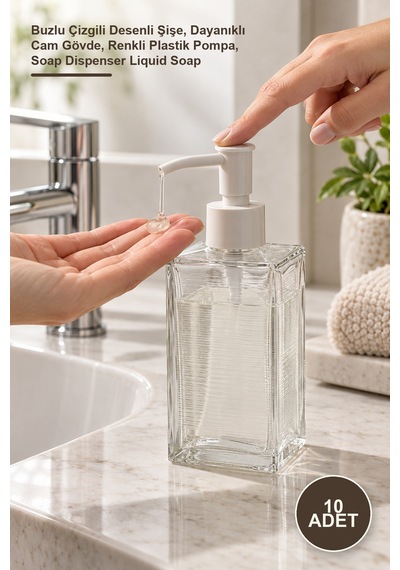 10 Adet Cam Sıvı Sabunluk Buzlu Çizgili Desenli Şişe, Dayanıklı Cam Gövde, Renkli Plastik Pompa, Soap Dispenser Liquid Soap Diğer