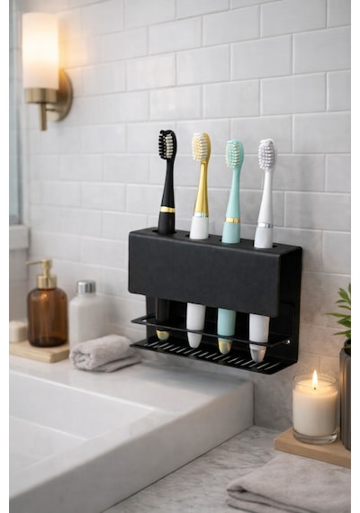 Metal Diş Fırçalık Siyah 4 Bölmeli Duvara Monte Diş Fırçası Tutucu Banyo Organizer