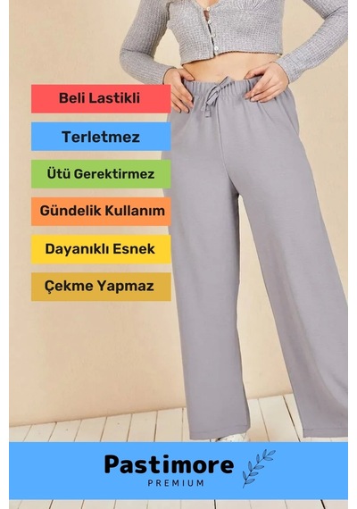 Yeni Sezon Terletmez Rahat Kalıp Beli Lastikli Bol Paça Salaş Yazlık Kadın Gri Aerobin Pantolon Gri