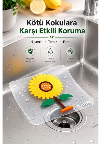 Ayçiçeği Kare Silikon Kötü Koku Önleyici Gider Kapağı Banyo Mutfak Balkon Lavabo Tıpası 14,5 cm -