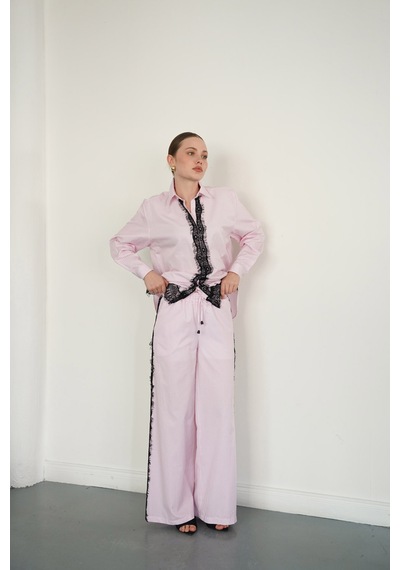 Verymoda Dantel Detaylı Çizgili Pantolon F2083 Pembe