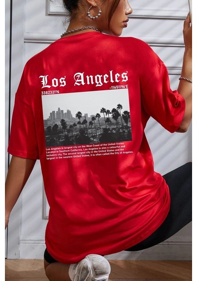 Flood Of Style Unisex Los Angles Tasarım T-shirt Kırmızı