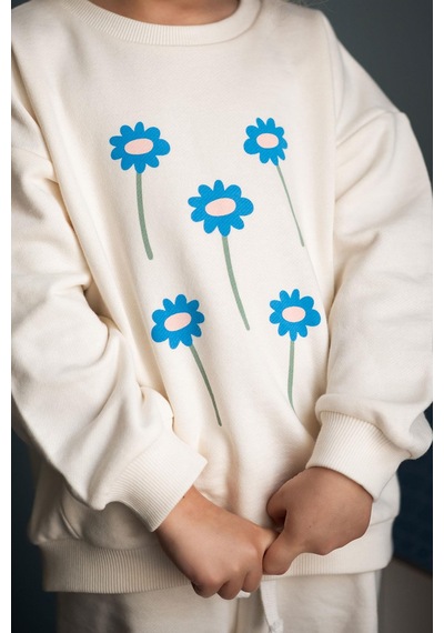 Antebies Grafik Çiçek Sweatshirt Eşofman Takımı Mavi