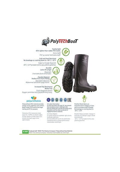 Polytech Boot Poliüretan Boğazlı Çizme O4, Avcı Çizmesi, Standart Koruma, Çelik Burunsuz İş Çizmesi 001 Haki