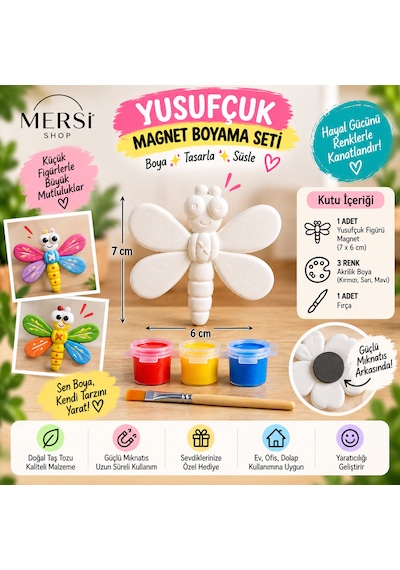 Yusufçuk Magnet Boyama Seti 7x6 Cm Taş Tozu Figür, 3 Renk Akrilik Boya Ve Fırça
