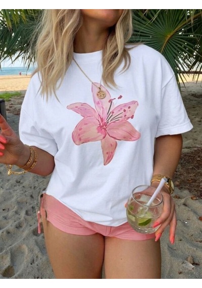 Pembe Zambak Baskılı Oversize Kompak T-shirt Beyaz