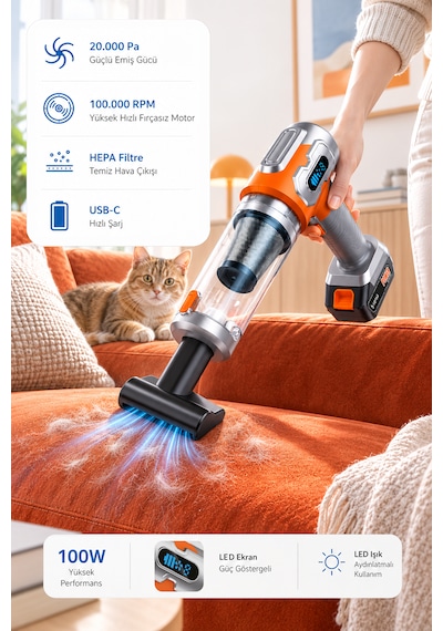 20000pa Kablosuz Araç Süpürgesi Üfleme Vakum 2'si 1 Arada 100000 Rpm Şarjlı El Süpürgesi Hepa Filtre Gri