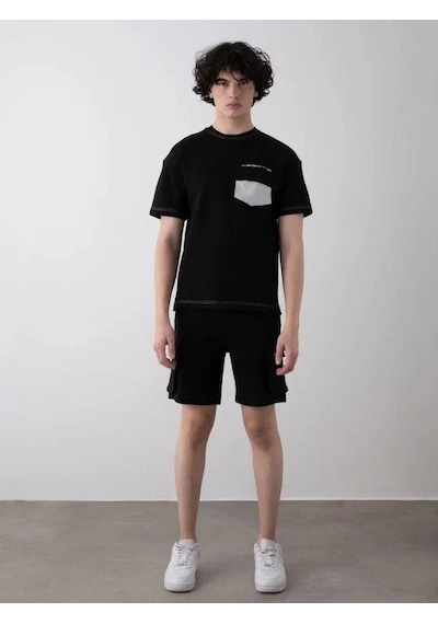 Erkek Teenage Fermuarlı Oversize Şortlu Takım-15543 Siyah Erkek Teenage Fermuarlı Oversize Şortlu Takım-15543 Siyah