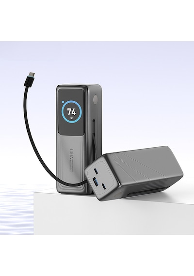 140w Süper Hızlı Şarj 30000mah Powerbank Dijital Led Ekran 2 Usb-c + 1 Usb-a Çıkış Dahili Type-c Kablo Laptop Uyumlu Taşınabilir Şarj Cihazı Açık Gri