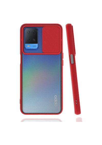 Noktaks - Oppo A54 4g Uyumlu - Kılıf Slayt Sürgülü Arkası Buzlu Lensi Kapak - Kırmızı