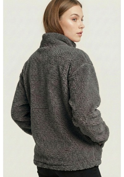 Kadın Peluş Tam Fermuarlı Cepli Sherpa Kuzu Kumaş Oversize Peluş Polar Sweatshirt Füme