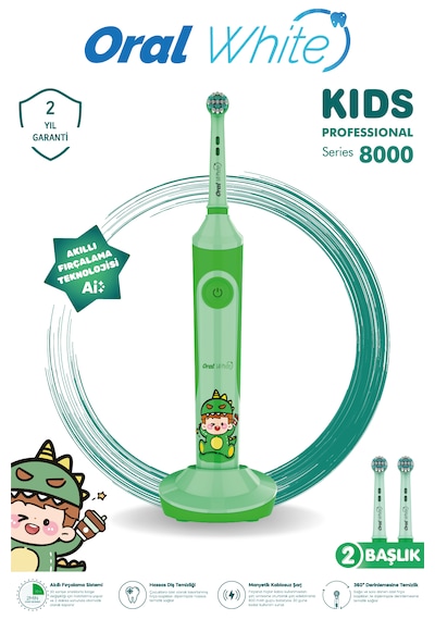 Oral White Professional Series 8000 Çocuklara Özel Şarjlı Diş Fırçası Yeşil Color Kids Yumuşak Başlık
