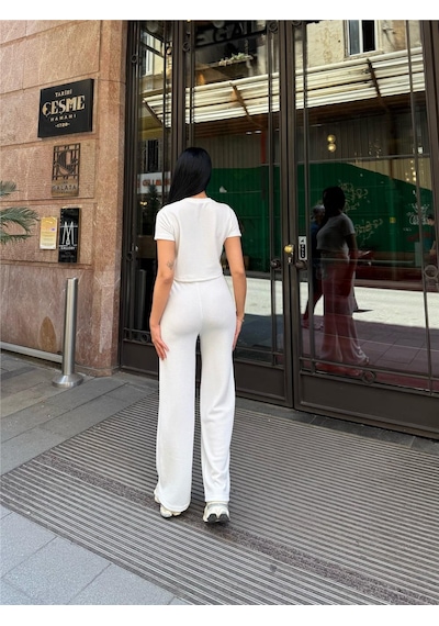 WeShaya Beyaz Modal Likralı Bisiklet Yaka Takım Beyaz