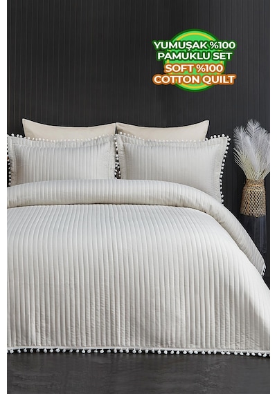 Evlen Home Collection Ponponlu Çift Kişilik %100 Pamuk Yatak Örtüsü Pike Takımı Krem Beyaz