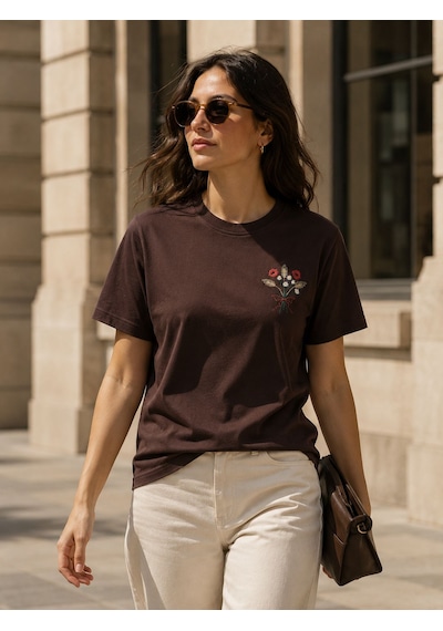 Yubistitch Tshirt Nakış İşlemeli Demet Çiçek- Penye-kahverengi