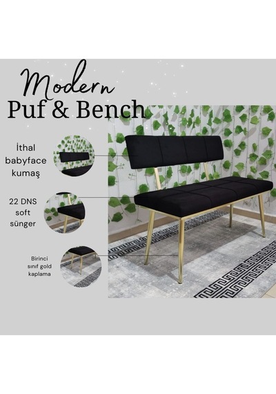 Özcan Metal Metal Ayaklı Sırtlı Gold Mutfak Salon Antre Yatak Odası Puf Bank Oturak Bench Siyah