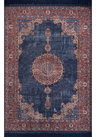 Blues Vintage Desenli Dokuma Taban Dekoratif Lacivert Halı (Al 87