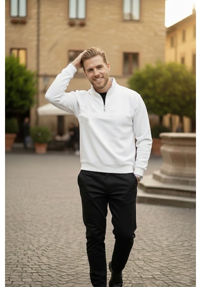 Rizzup Erkek Beyaz Relax Fit İçi Polarlı %100 Pamuk Yarım Fermuarlı Dik Yaka Sweatshirt 2600760