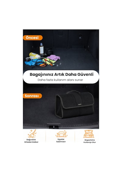 Oto Bagaj Organizer Bagaj Çantası L Boy Kaymaz Cırt Bantlı Velur Kompakt Düzenleyici - Vly3