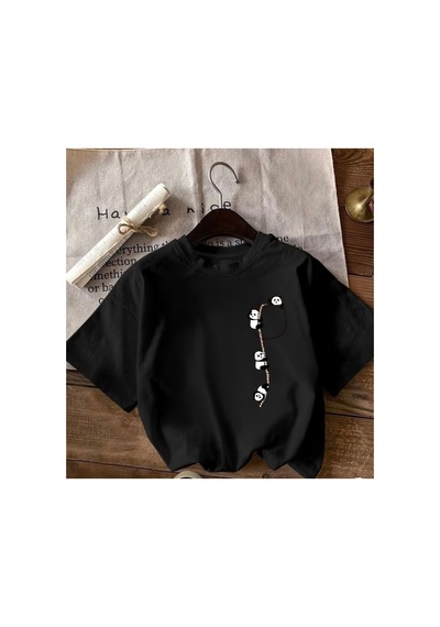 Herkesemoda Pandalar Baskı Detaylı Basic T-shirt Siyah