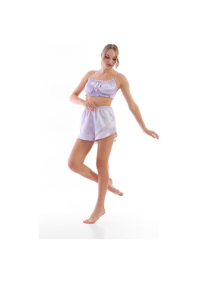 Lila Saten Omuz Bağlamalı Kadın Askılı Pijama Takımı Mor