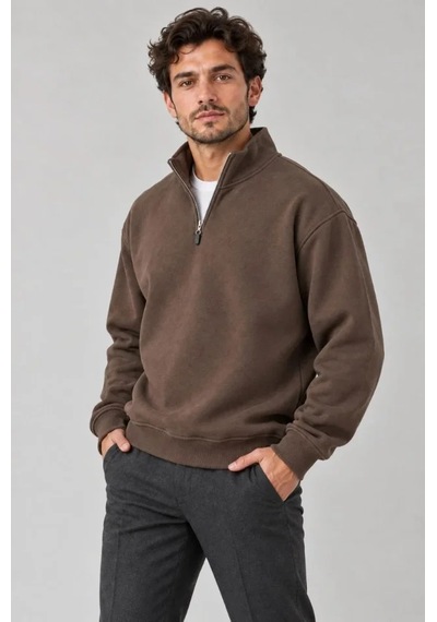 Erkek Üç İplik İçi Şardonlu Dik Yaka Yarım Fermuarlı Kışlık Sweatshirt - Kahverengi