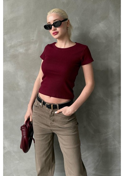 Bordo Geniş Yaka Fittili Basic Kadın T-shirt Mg2293 Bordo