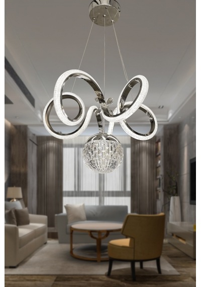 Kıvrım Tekli Kristal Top Simli Slikonlu Modern Oturma Led Avizesi - Kumandasız / Krom Krom