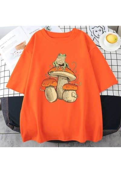 Flood Of Style Erkek Turuncu Mantar Baskılı Oversize Bisiklet Yaka Tshirt