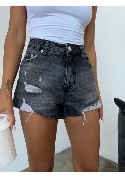 HerTon Yüksek Bel Jean Şort Yırtık Detaylı Kadın Denim Şort