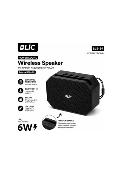 Blic Bls-89 Bluetooth 5.4 Taşınabilir Kablosuz Hoparlör 6w Rms Telefon Standlı 1200mah Usb Tf Kart Askılı Siyah-14821