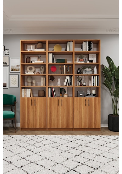 Asra Trend K-54 %100 MDF 180 cm 3 Modüllü Kapaklı Kitaplık Raflı Kütüphane Petra