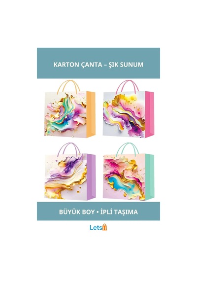 Şık Büyük Boy İpli Karton Çanta Renkli Pastel Motiflerle Hediye Sunumu İçin