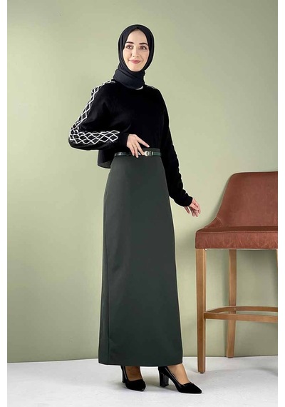 İbrahim Burak Etiler Collection Moda Çizgi Etek Zümrüt Yeşili
