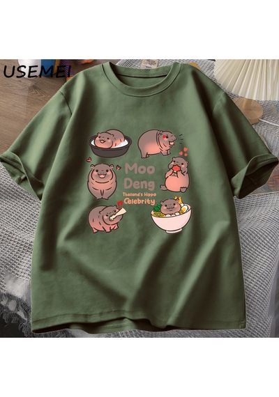 Flood Of Style Tayland Yılında Moo Deng Bouncy Domuz Bebek Hippo Khao Kheow Açık Hayvanat Bahçesi T-shirt Ko Yeşil