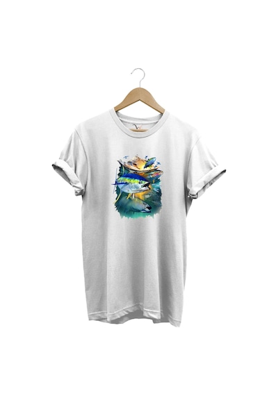 Fishing Balık Baskılı Balıkçılık %100 Pamuk Regular Fit Bisiklet Yaka Beyaz T-shirt Beyaz