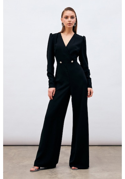 Sateen Kruvaze Süs Taşlı Krep Tulum - Siyah