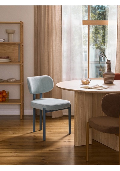 Adrıen Bouclé Kumaşlı Modern Yemek Sandalyesi Beyaz, Üç Ayaklı Tasarım Açık Mavi