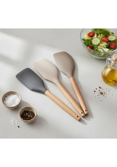 Bambu Saplı Silikon Dar Sıyırma Spatulası, Bambu Uzun Silikon Dar Spatula 27cm 3 Renk Seçenekli Krem 0