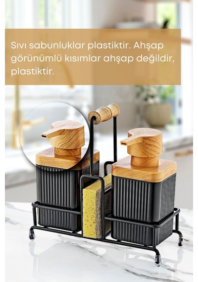 Grimorlife Mimoza Metal Standlı Ahşap Detaylı Bulaşık Deterjanı Ve Sıvı Sabunluk Mutfak Seti-sünger Hediyeli Siyah