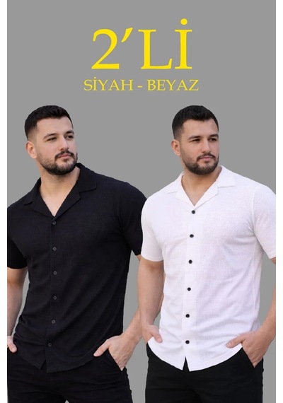 Erkek Waffle Dokuma Açık Yakalı Düğmeli Regular Kalıp 2 Li Gömlek Seti - Siyah & Beyaz Çok Renkli