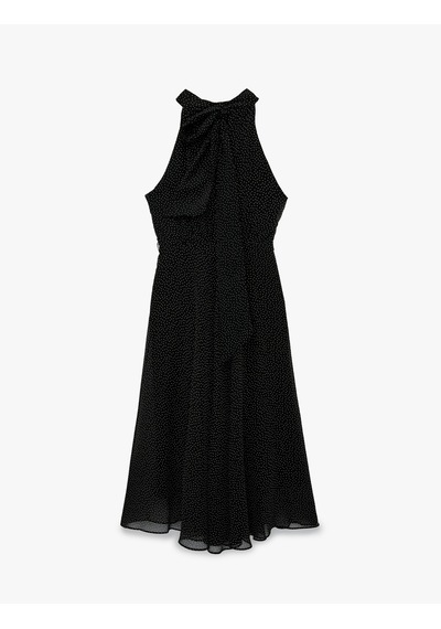 Koton Midi Boy Puantiyeli Halter Yaka Şifon Elbise Siyah Desenli 6sak80176uw Siyah