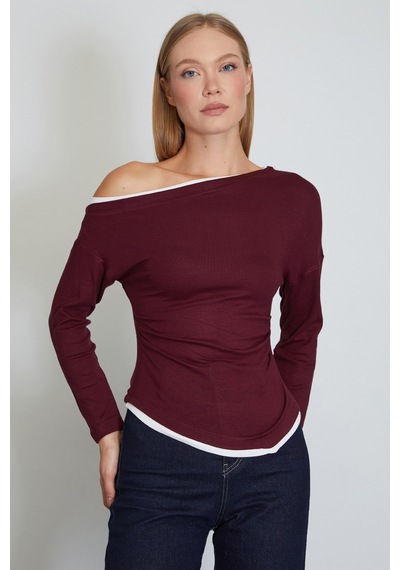 Fullamoda Garnili Kayık Yaka Drapeli Asimetrik Kesim Modal Bluz Bordo