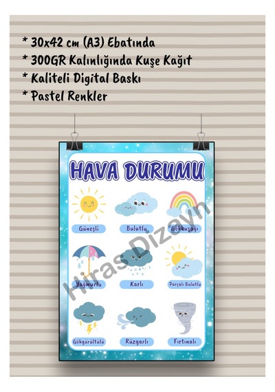 Hiras Dizayn Hava Durumu Eğitici Afiş A3, 30 42 Cm