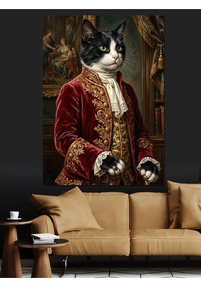 Saray Kıyafetli Aristokrat Kedi Portresi Dekoratif Kanvas - Mdf Ahşap Tablo