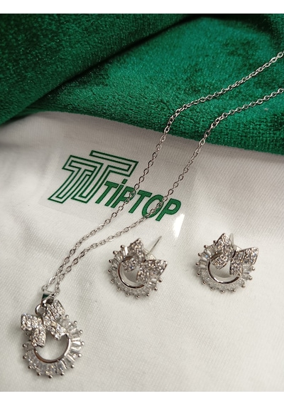 Tiptop/ Gümüş Renk Zirkon Taşlı Baget Fiyonk Model Kolye Ve Küpe Seti Gümüş