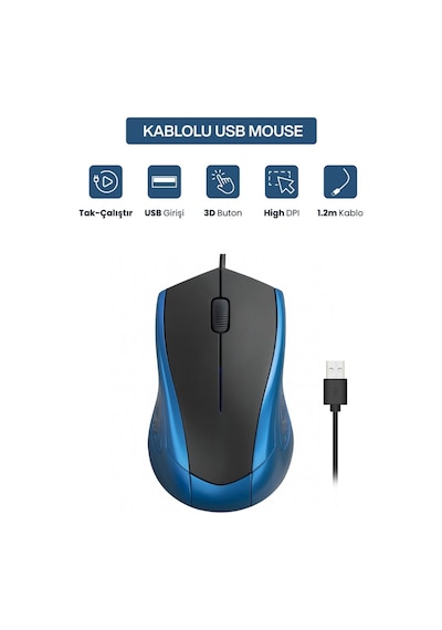 Concord Usb Kablolu 3d Optik Mouse 3 Tuş, Yüksek Dpı Hassasiyetli Bilgisayar Mouse C29mousemavi