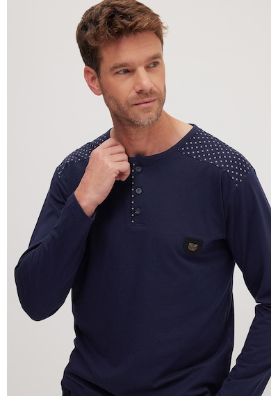 Tudors Erkek Standart Fit Normal Kesim %100 Pamuk Bisiklet Yaka Beli Lastikli Lacivert Pijama Takımı-37946 Lacivert