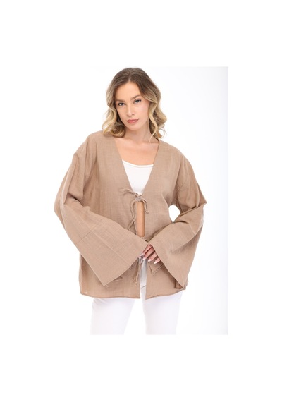 Blayn Jeans Blayn Kadın Keten Kimono Oversize Rahat Kalıp Yazlık Uzun Kollu Kimono Vizon