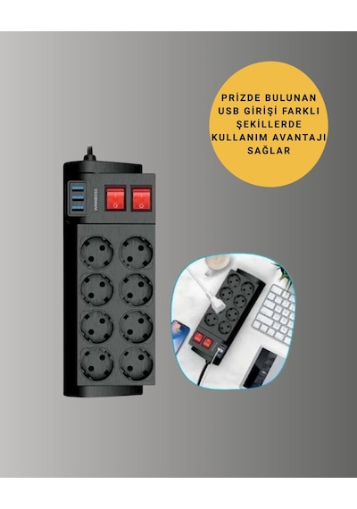 Akım Korumalı 8 Li Priz 3 Usb Li Uzatma Kablosu Isıya Dayanıklı 2 Metre Diğer